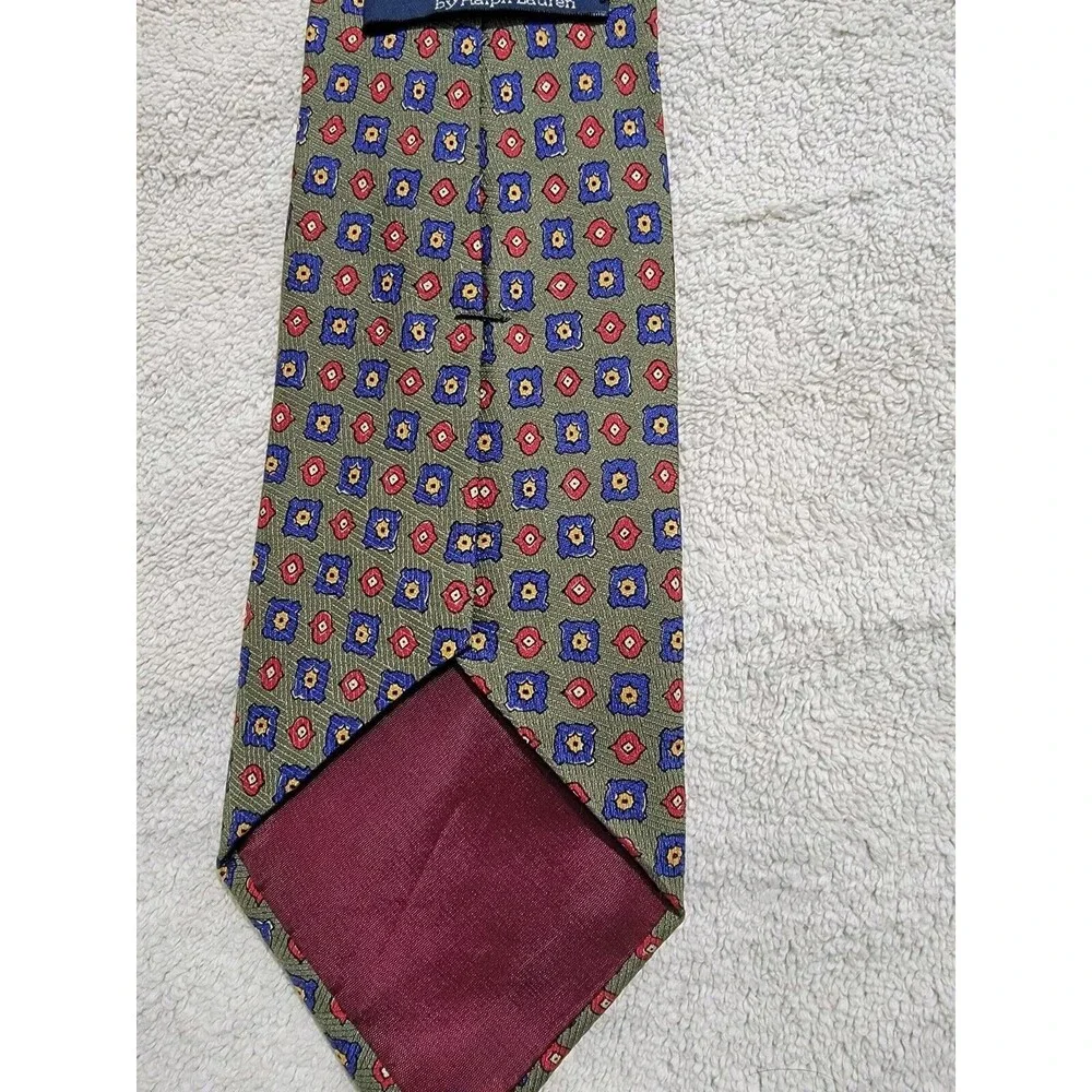 VTG 90s‎ Polo Ralph Lauren green foulard geometric 100% silk hand made tie USA